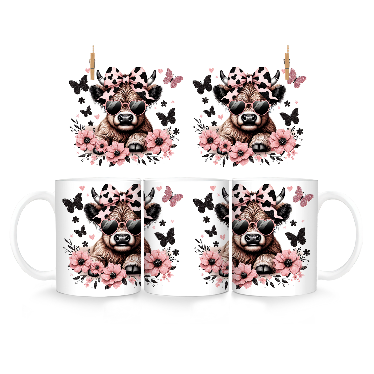 Highland-Kuh Tasse mit Sonnenbrille & Blumen – Perfekt für Tierliebhaber